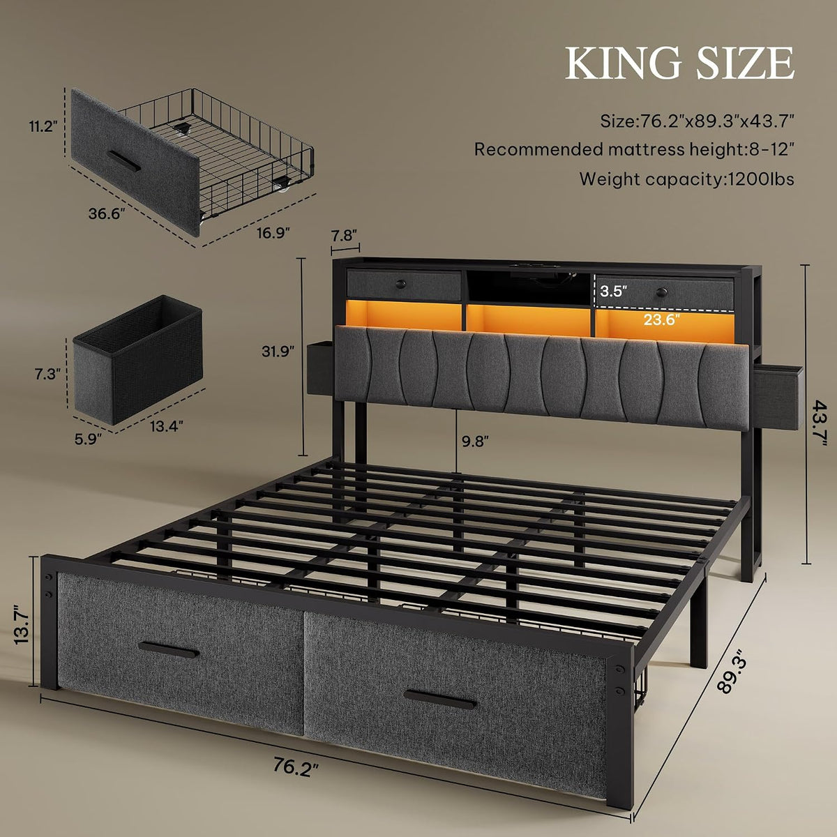 YITAHOME King Size Linen Upholstered Bed with Charging Station & LED Light