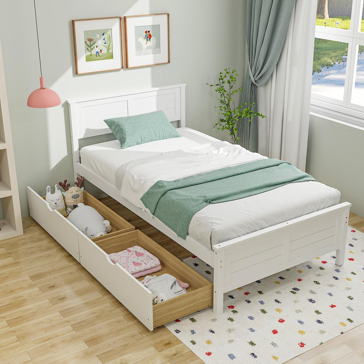 Giantex Wood Twin Bed with 2 Storage Drawers, Solid Wood Platform Bed with Headboard, Wooden Slats Support Mattress Foundation, No Spring Needed, Twin Bed Frame for Kids, Teens, Adults, White