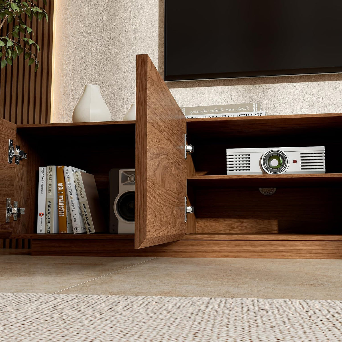 Mid-Century Modern TV Stand for TVs Up to 110", Walnut Wood Media Console with Storage Cabinets, Long Entertainment Center with Cable Management for Living Room (Wood Slat Base, 94.49")