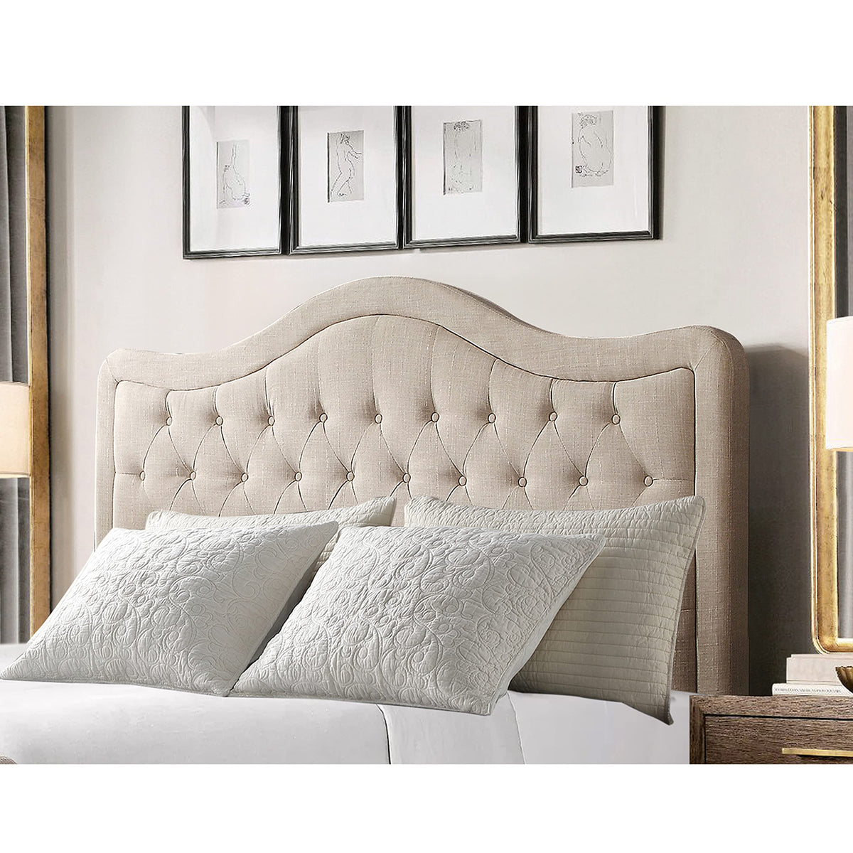 Rosevera Niana Upholstered Tufted Natural Linen Adjustable Headboard Bed with Adjustable Height for Bedroom, King, Sand