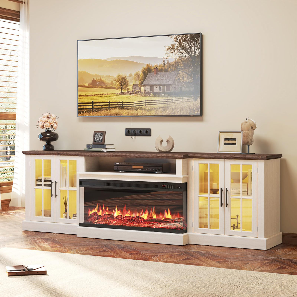 98" Farmhouse TV Stand with 36" Fireplace, Black & Black