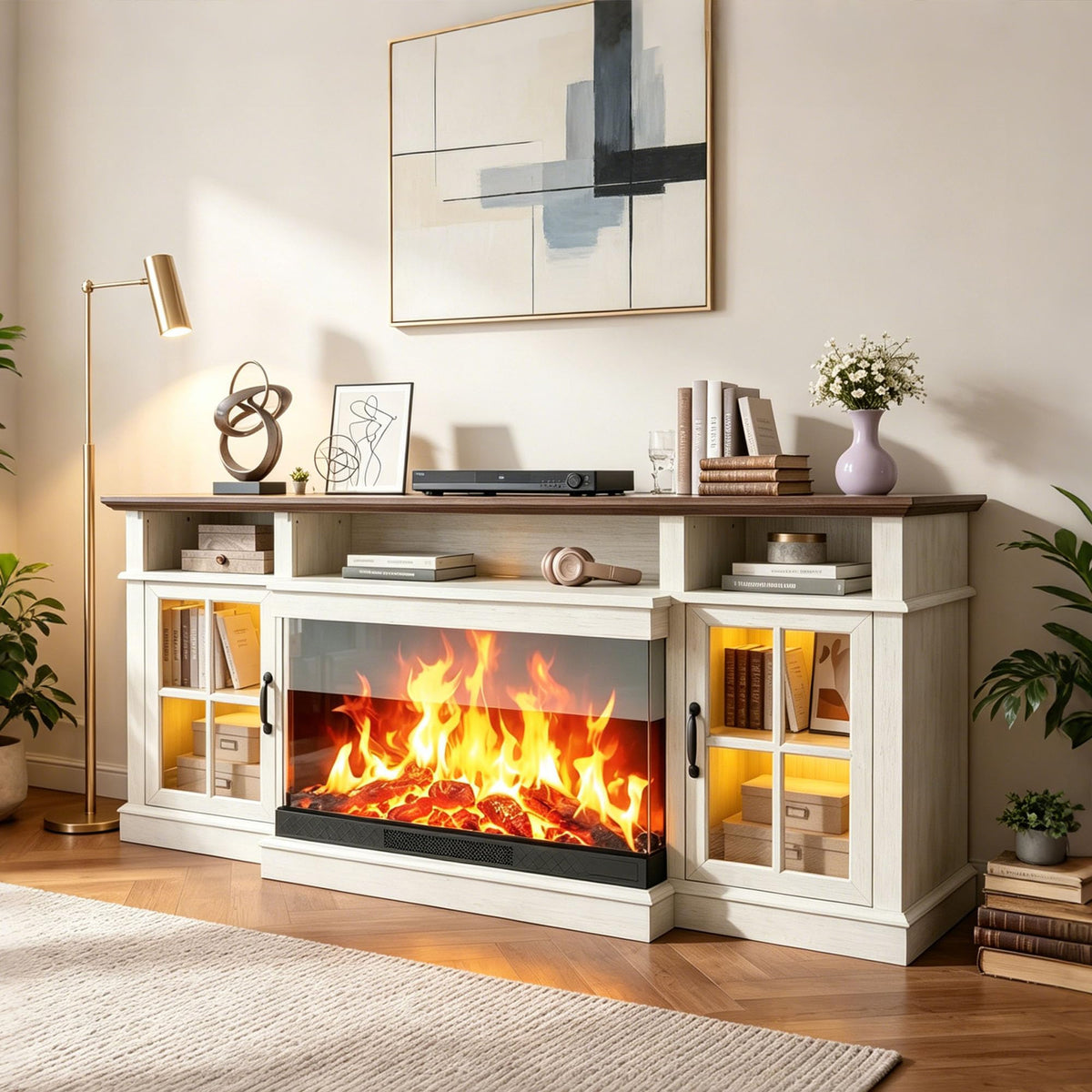 98" Farmhouse TV Stand with 36" Fireplace, Black & Black