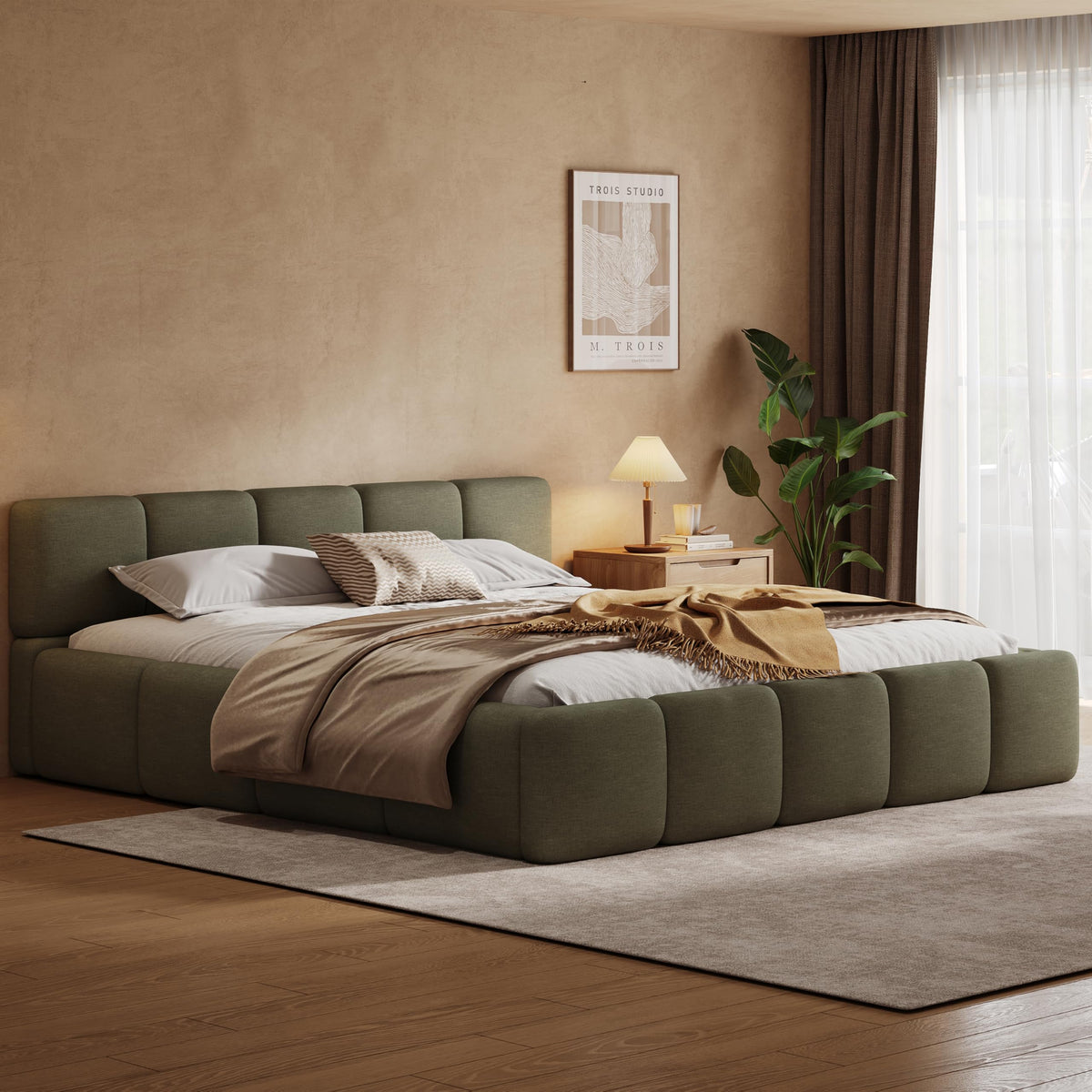 Merax King Upholstered Bed with Thick Headboard and Footboard, Beige