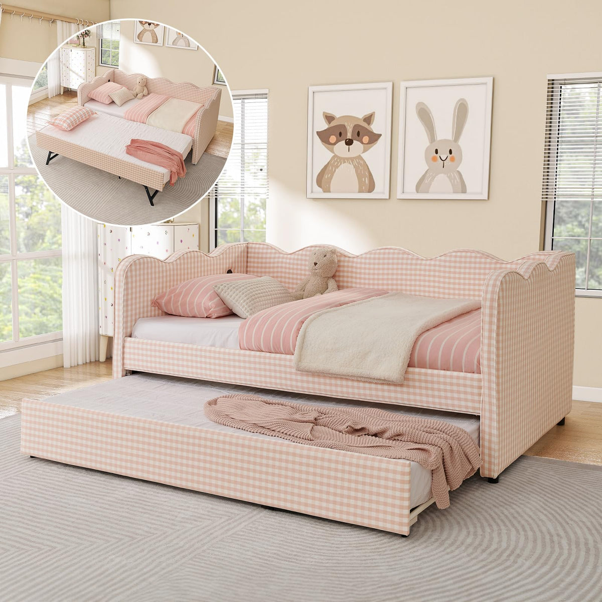 Twin Size Daybed with Pop Up Trundle, Linen Gingham Twin to King Daybed with USB Ports, Upholstered Day Bed Frame, Modern Sofa Bed for Living Room/Bedroom/Guest Room, No Box Spring Needed, Pink