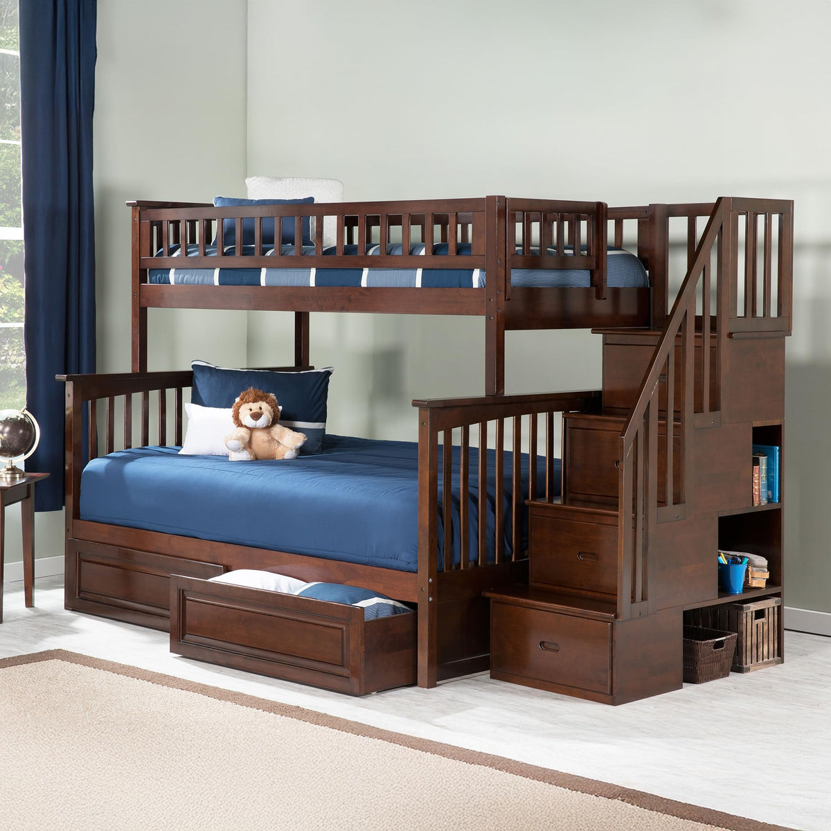 AFI, Columbia Staircase Bunk Bed Twin Over Twin & Raised Panel Bed Drawers, Walnut