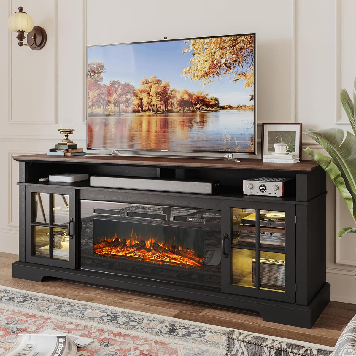 70" TV Stand with Electric Fireplace, Modern Entertainment Center for TVs Up to 80 Inches, Media Console with Storage Cabinets & Doors, Farmhouse Style for Living Room, Black