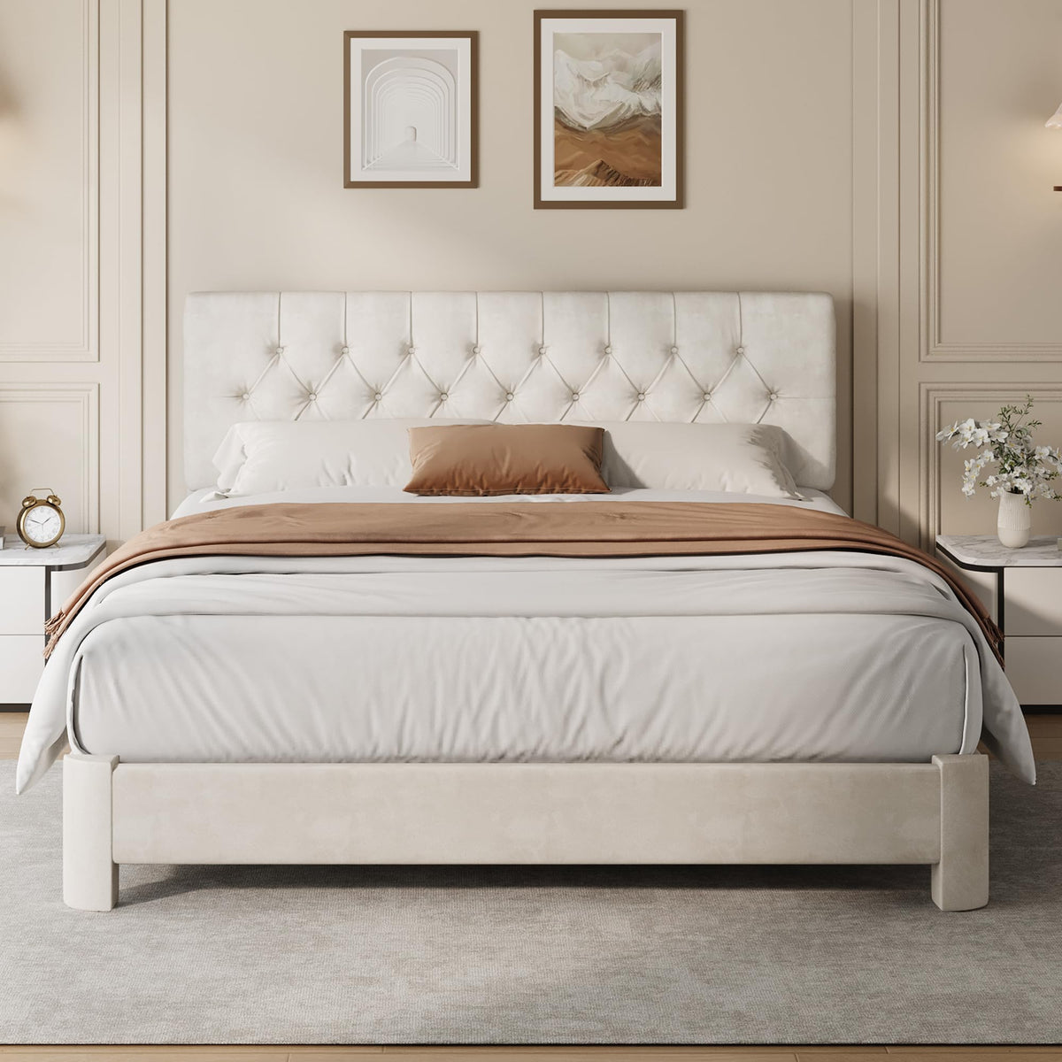 Queen Size Bed Frame with Headboard, Luxury Velvet Fabric Upholstered Bed frame with Button Tufted Design, Strong Wooden Slats Support - Low & Sturdy, Noise-Free, No Box Spring, Easy Assembly, Beige