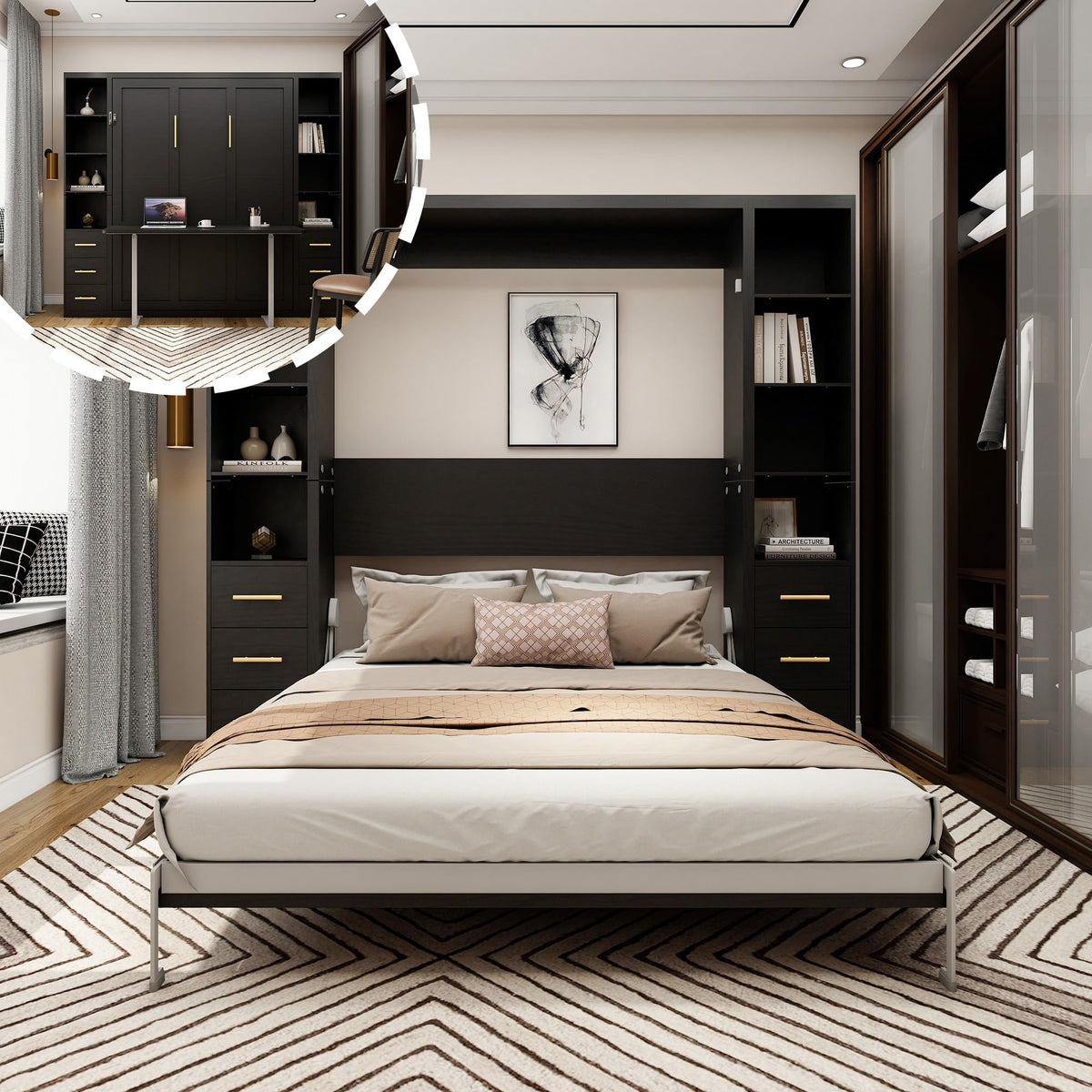 Queen Murphy Bed with Sofa, Space-Saving Wall Bed, Metal Frame, White