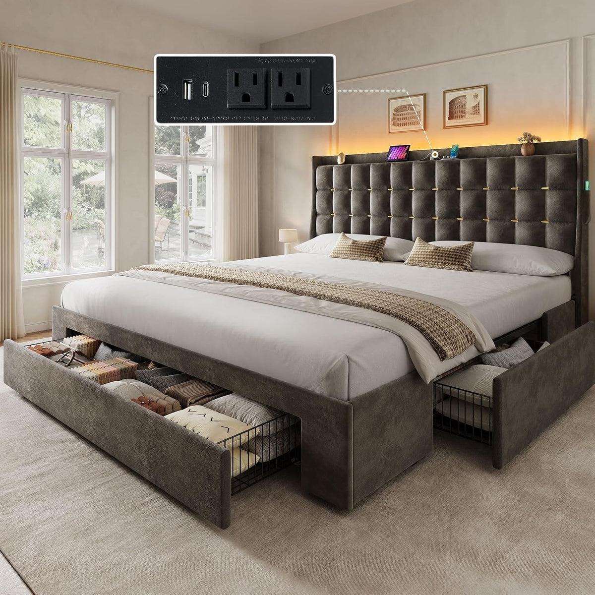 YITAHOME King Size Bed Frame with 3 Storage Drawers and RGB LED Lights