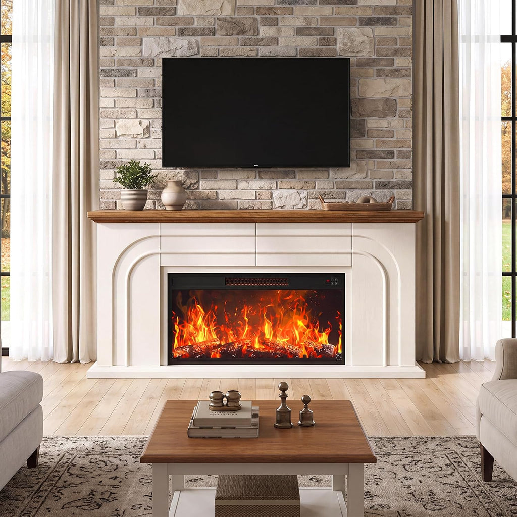 MapleGrace 70" Farmhouse Fireplace TV Stand with 36" Fireplace, White