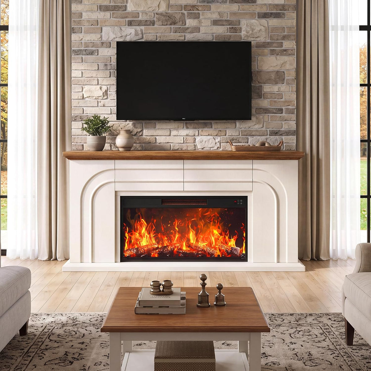 MapleGrace 70" Farmhouse Fireplace TV Stand with 36" Fireplace, White