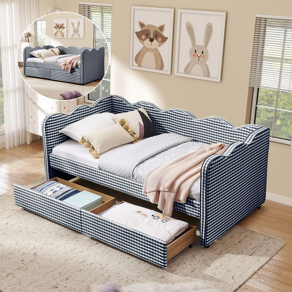 Twin Size Daybed with Pop Up Trundle, Linen Gingham Twin to King Daybed with USB Ports, Upholstered Day Bed Frame, Modern Sofa Bed for Living Room/Bedroom/Guest Room, No Box Spring Needed, Pink