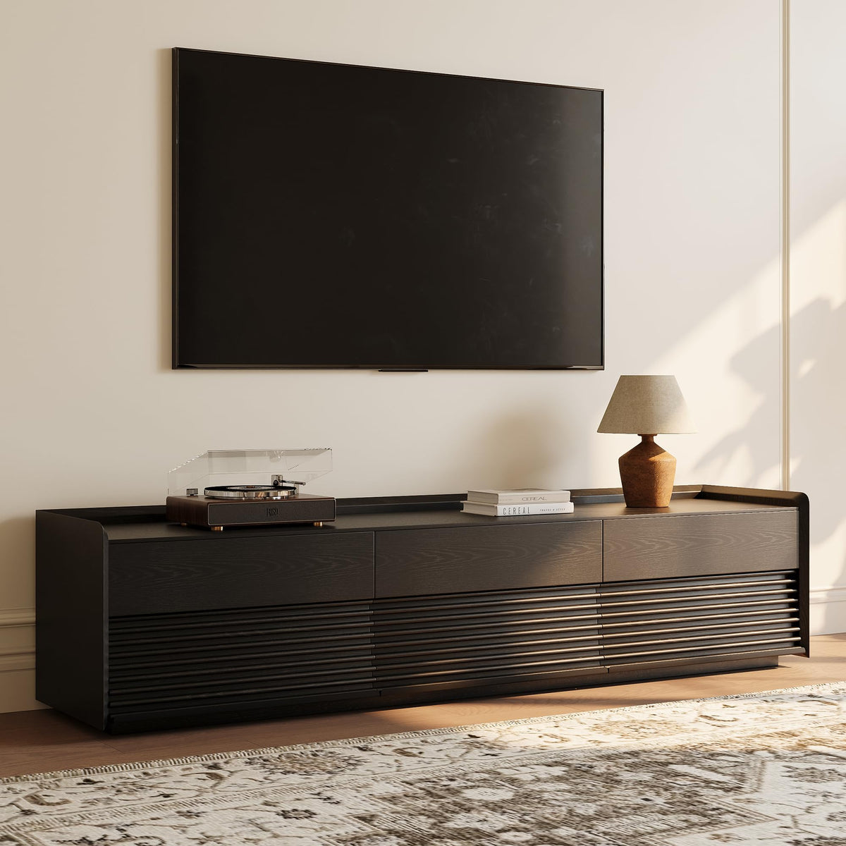 POVISON 118.11" Fully-Assembled Wood TV Stand with Adjustable LED Light