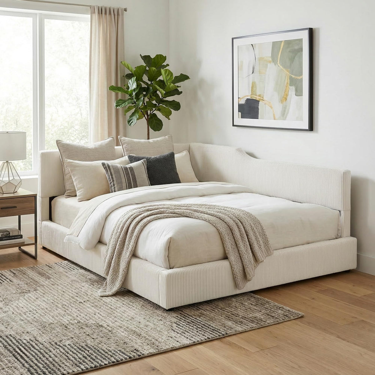 Merax Full Size Corduroy Upholstered Daybed with Headboard, Beige