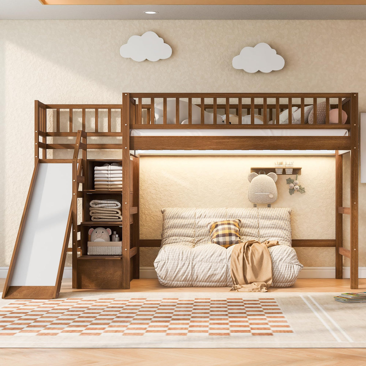 Merax Full Size Loft Bed with Storage Staircase, Slide & LED Light, Wooden Bunk Bed for Bedroom with Built-in Shelves, White