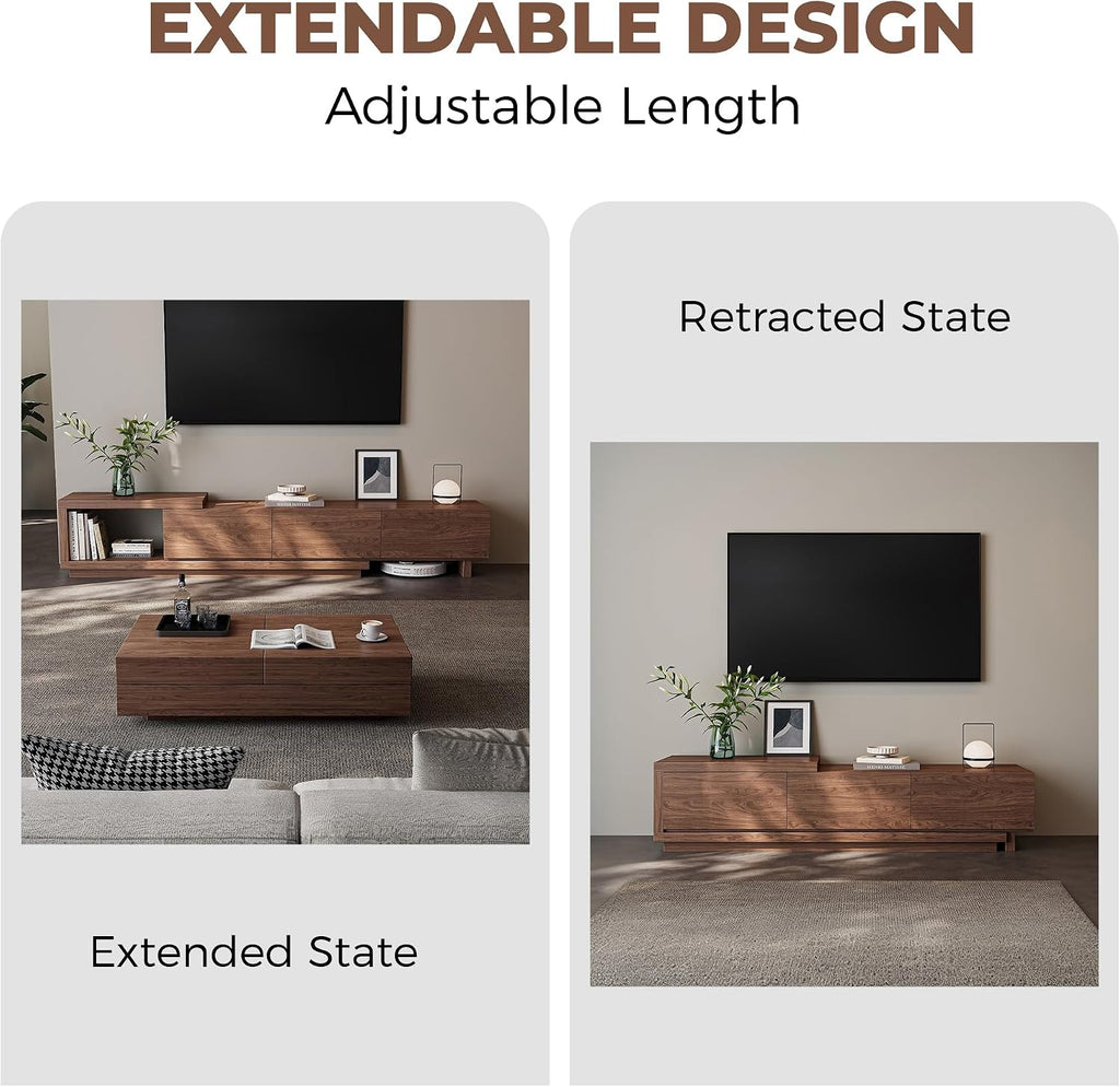 Extendable TV Stand for 65-100 Inches TVs – Walnut Entertainment Console with 3 Drawers & 1 Storage Compartment, Adjustable Length 68.5''-98.4'' (Walnut, 68.5''-98.4'')
