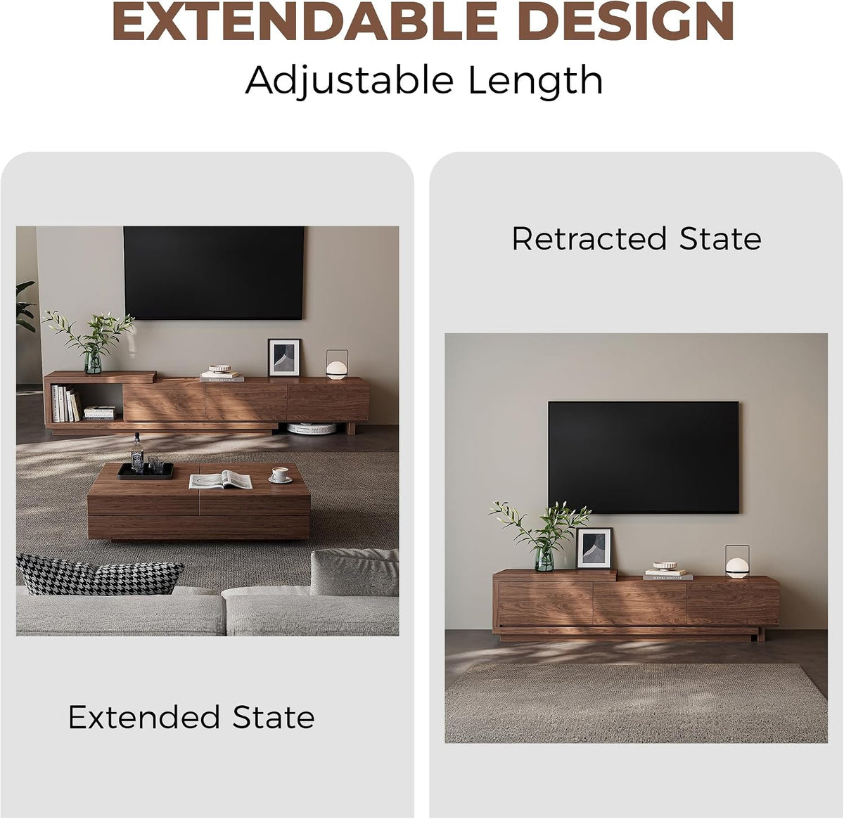 Extendable TV Stand for 65-100 Inches TVs – Walnut Entertainment Console with 3 Drawers & 1 Storage Compartment, Adjustable Length 68.5''-98.4'' (Walnut, 68.5''-98.4'')