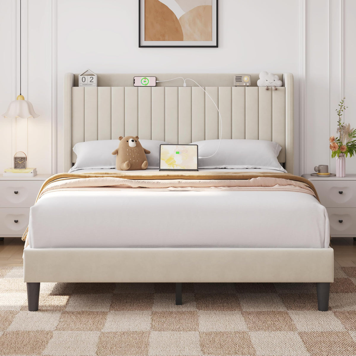 Yaheetech Queen Bed Frame with Channel-Tufted Storage Headboard, Cool Beige