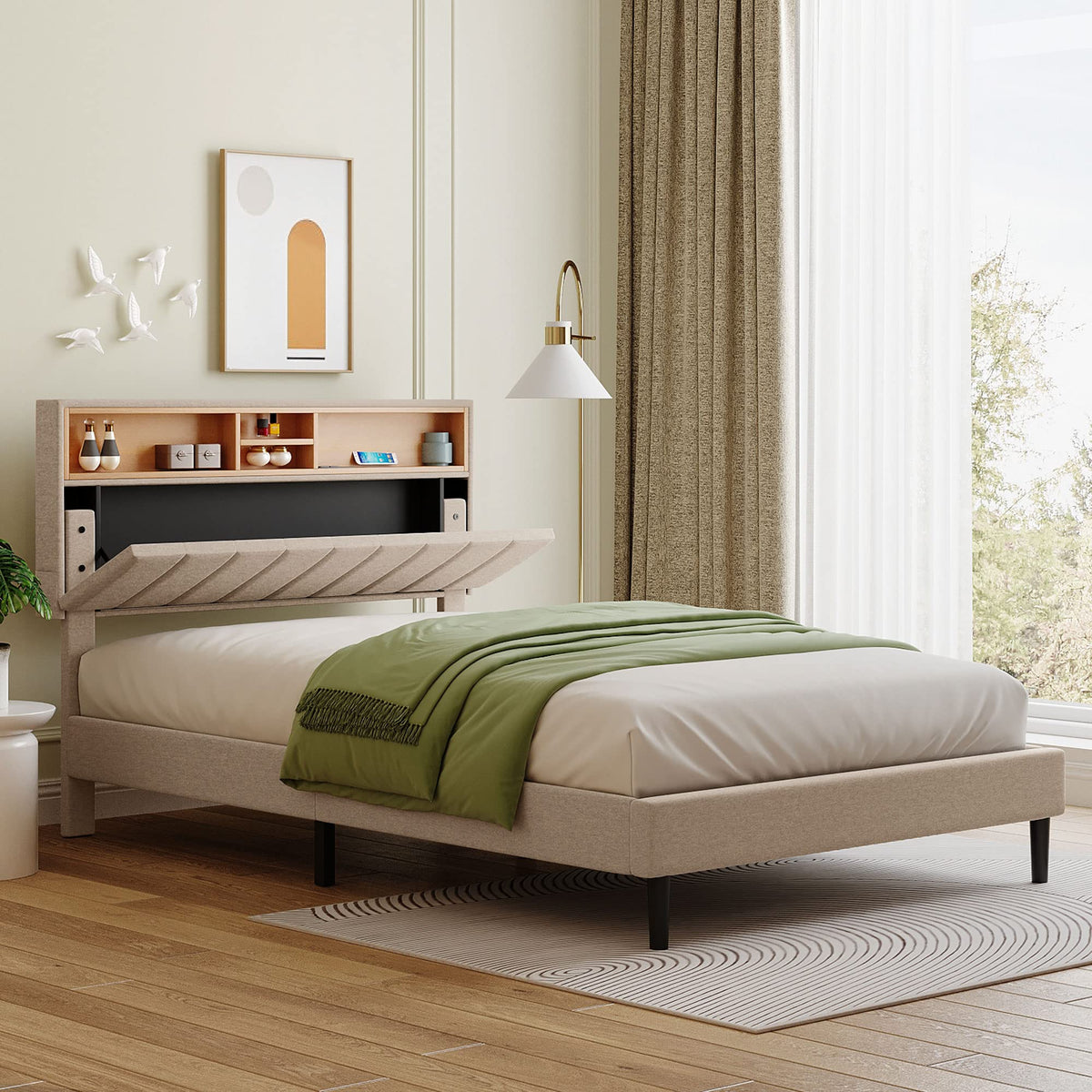Merax Bouclé Upholstered Platform Bed with Headboard, Hidden Storage,White