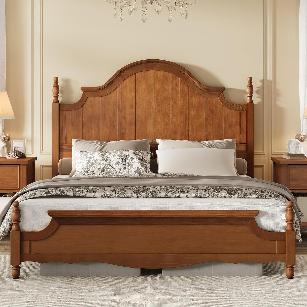 AMERLIFE King Solid Wood Poster Bed with Arched Headboard, Brown