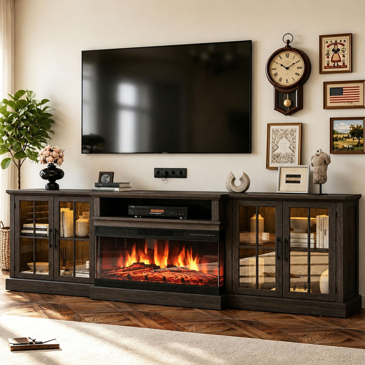 98" Farmhouse TV Stand with Fireplace, White & Black