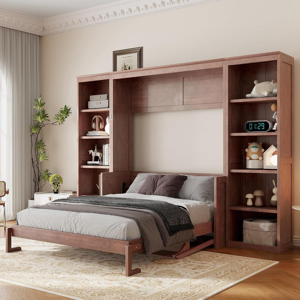 Ball & Cast Murphy Bed Full Size,Space-Saving Hideaway Wall Bed with Desk and Bookshelf,Murphy Bed w/Slat Support,Bedroom Folding Bedframe for Guest Room,Dark Brown
