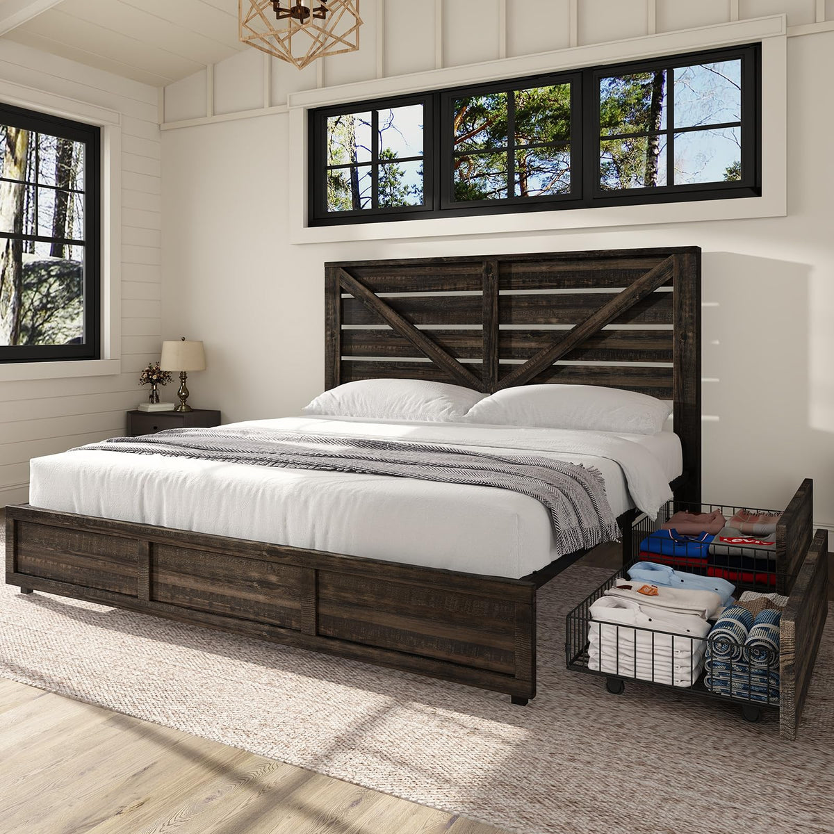 AMERLIFE Queen Size Farmhouse Bed Frame with 4 Storage Drawers