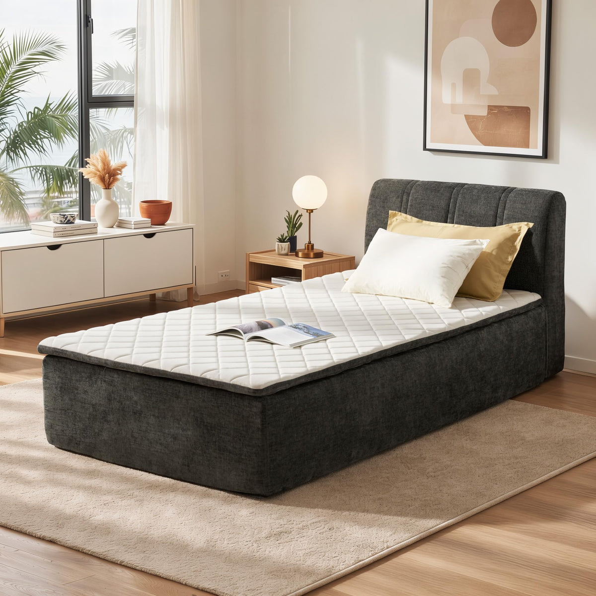 Full Boneless Cloud Bed, Frame & Headboard & Mattress Set, Gray