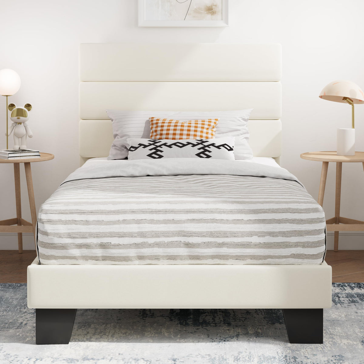 SHA CERLIN Queen Platform Bed Frame with Upholstered Fabric Headboard,Beige