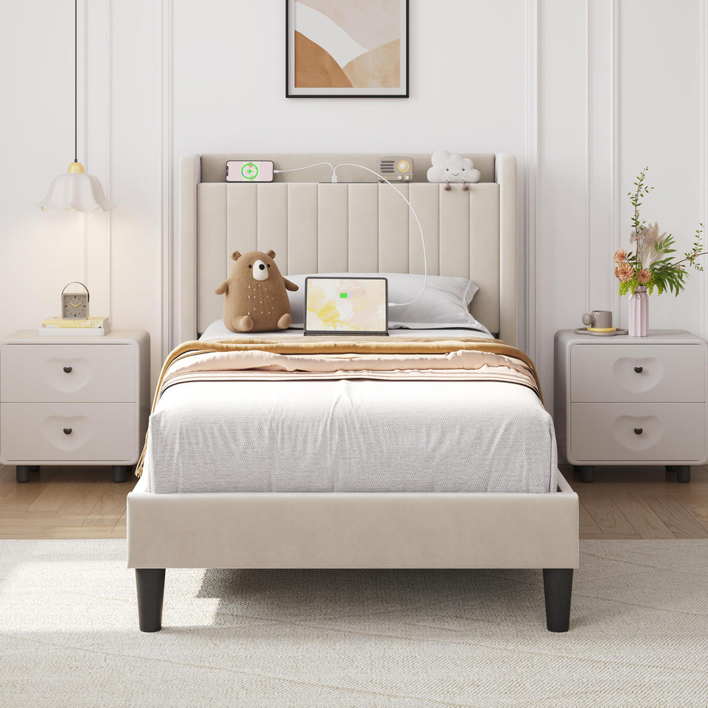 Yaheetech Queen Bed Frame with Channel-Tufted Storage Headboard, Cool Beige