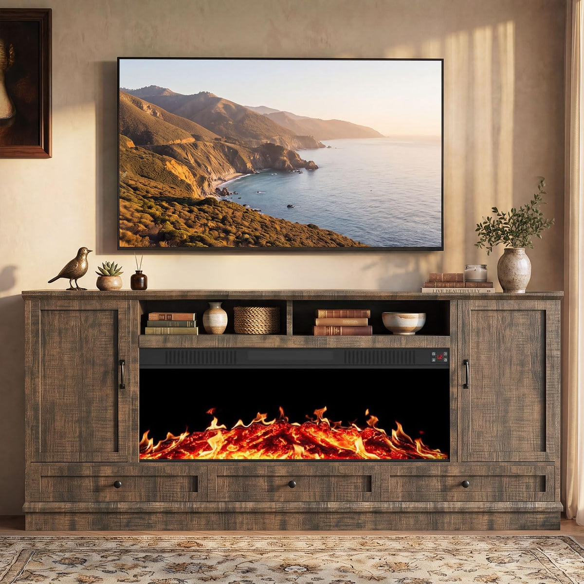 85" Large TV Stand with 47" Fireplace, 85" W & 39" H, Beige
