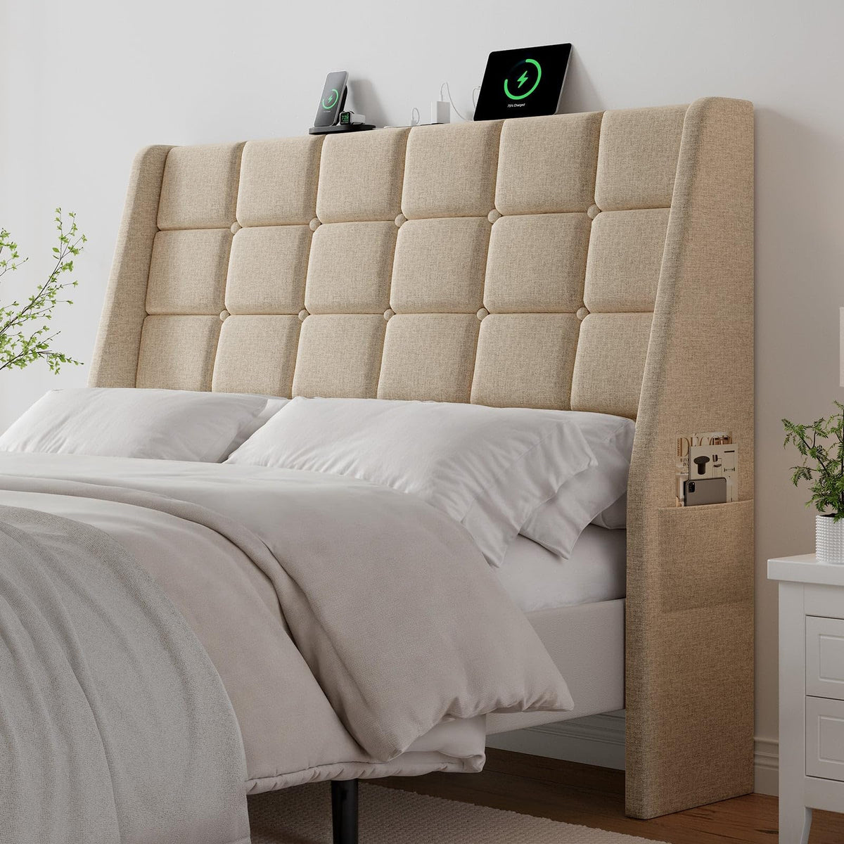 ONBRILL Ergonomic Headboard Full Size with Charging Station, Beige