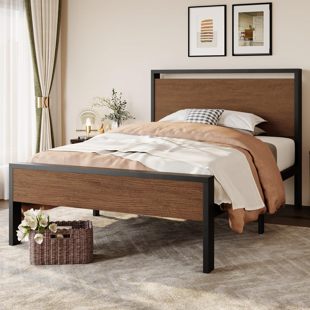 SHA CERLIN 14 Inch Full Size Metal Platform Bed Frame with Wooden Headboard and Footboard, Mattress Foundation, No Box Spring Needed, Large Under Bed Storage, Non-Slip Without Noise, Walnut