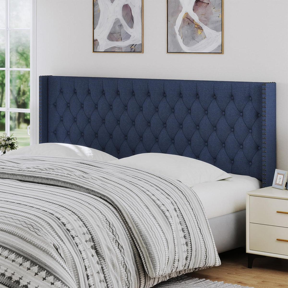 Furpopup Linen King Size Headboard Only, Wingback Wall Mount, Ivory