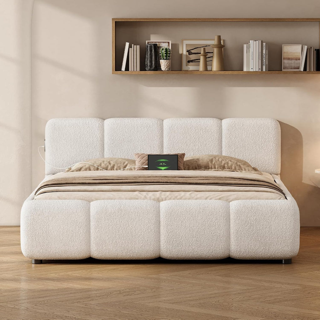 Full Size Cloud Boucle Upholstered Platform Bed Frame w/USB Ports