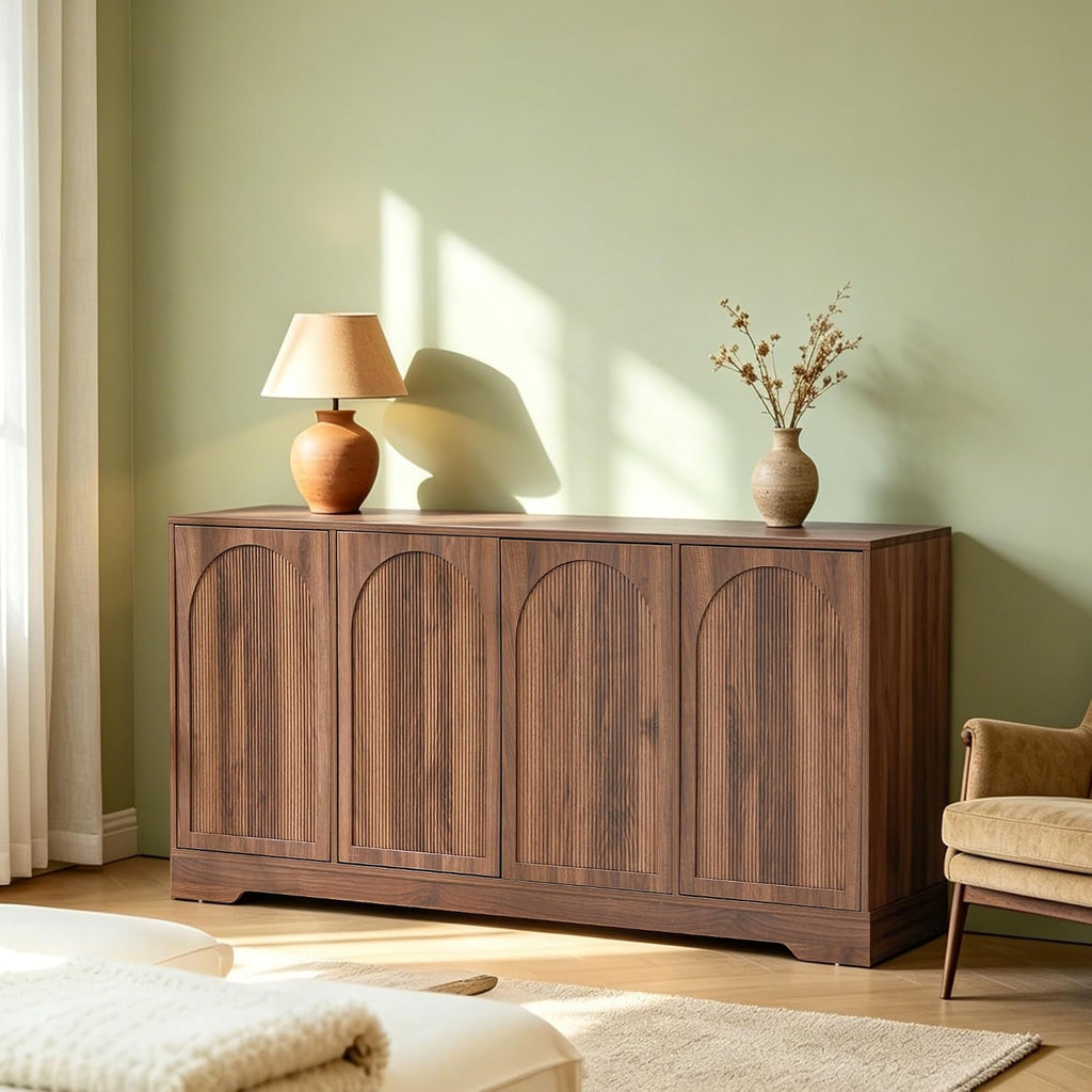 Walnut 62.2" TV Stand for TVs up to 70 Inches with Fluted & Arched Doors