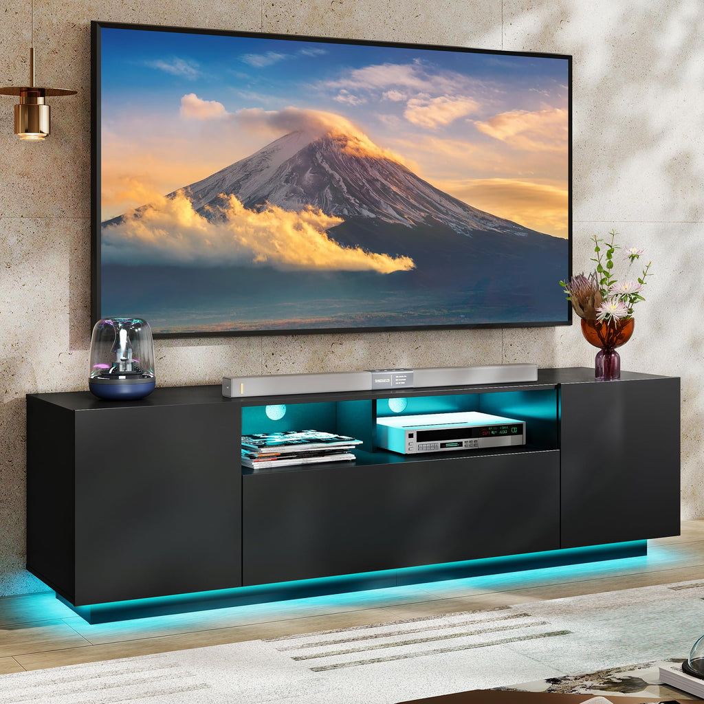 WLIVE LED TV Stand for 65/70/75 Inch TVs, Modern Entertainment Center with Storage Cabinets and Drawer, Gaming Media TV Console with RGB Lights for Living Room, Black