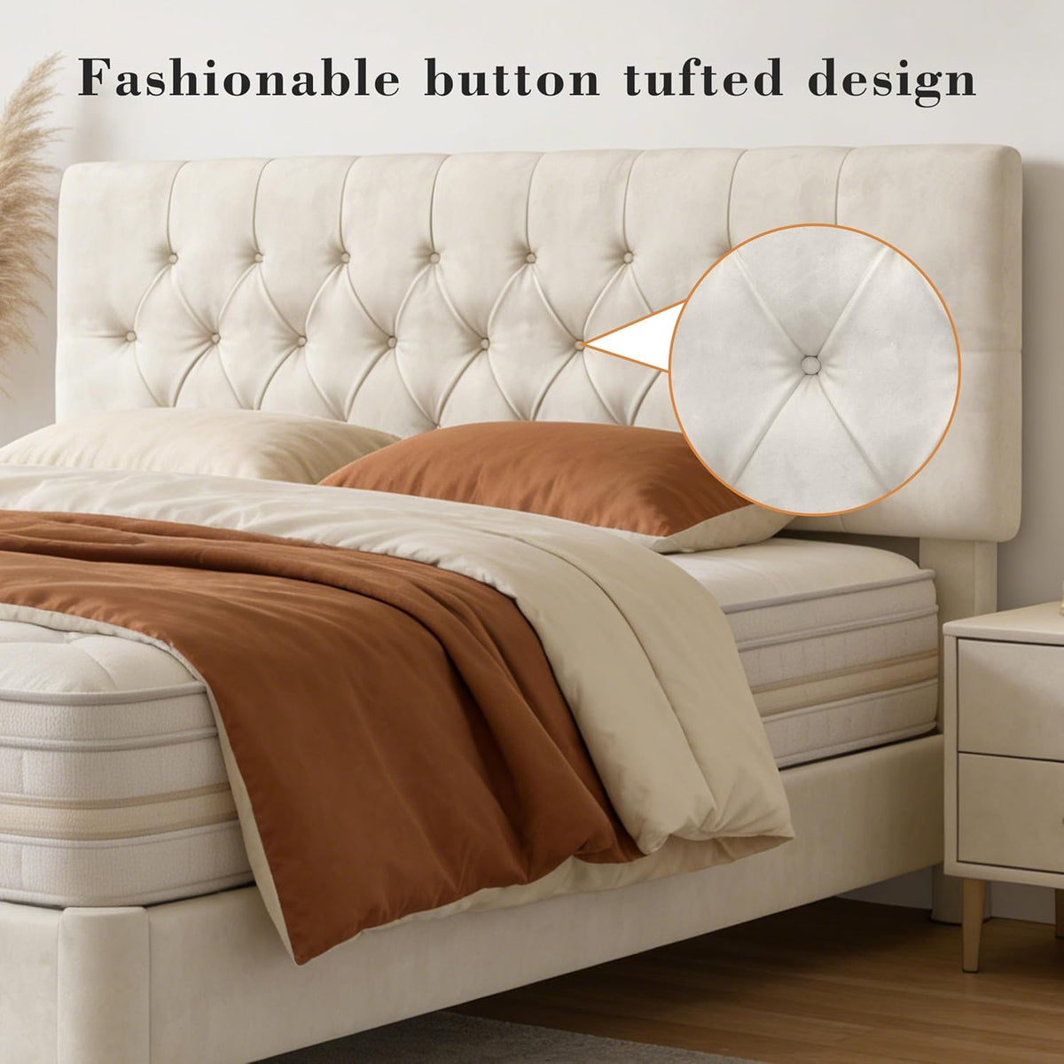 Queen Size Bed Frame with Headboard, Luxury Velvet Fabric Upholstered Bed frame with Button Tufted Design, Strong Wooden Slats Support - Low & Sturdy, Noise-Free, No Box Spring, Easy Assembly, Beige
