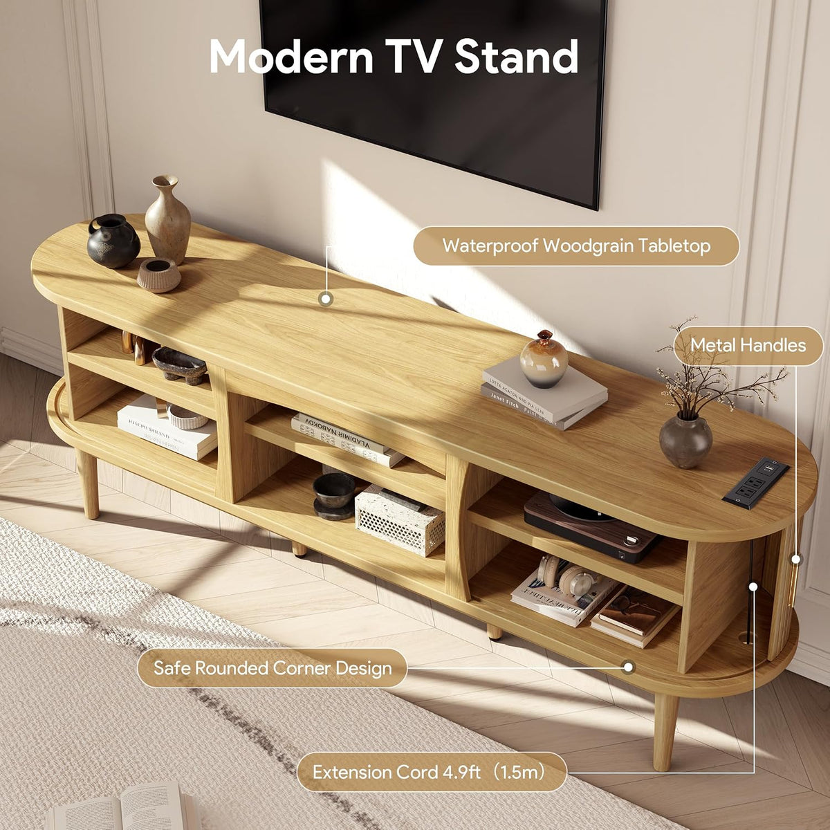 Decofy Mid Century TV Stand for TVs up to 80 Inches, Entertainment Center with Storage, Power Outlet, Fluted Sliding Doors & Adjustable Shelves, Modern Media TV Console Table for Living Room (Oak)