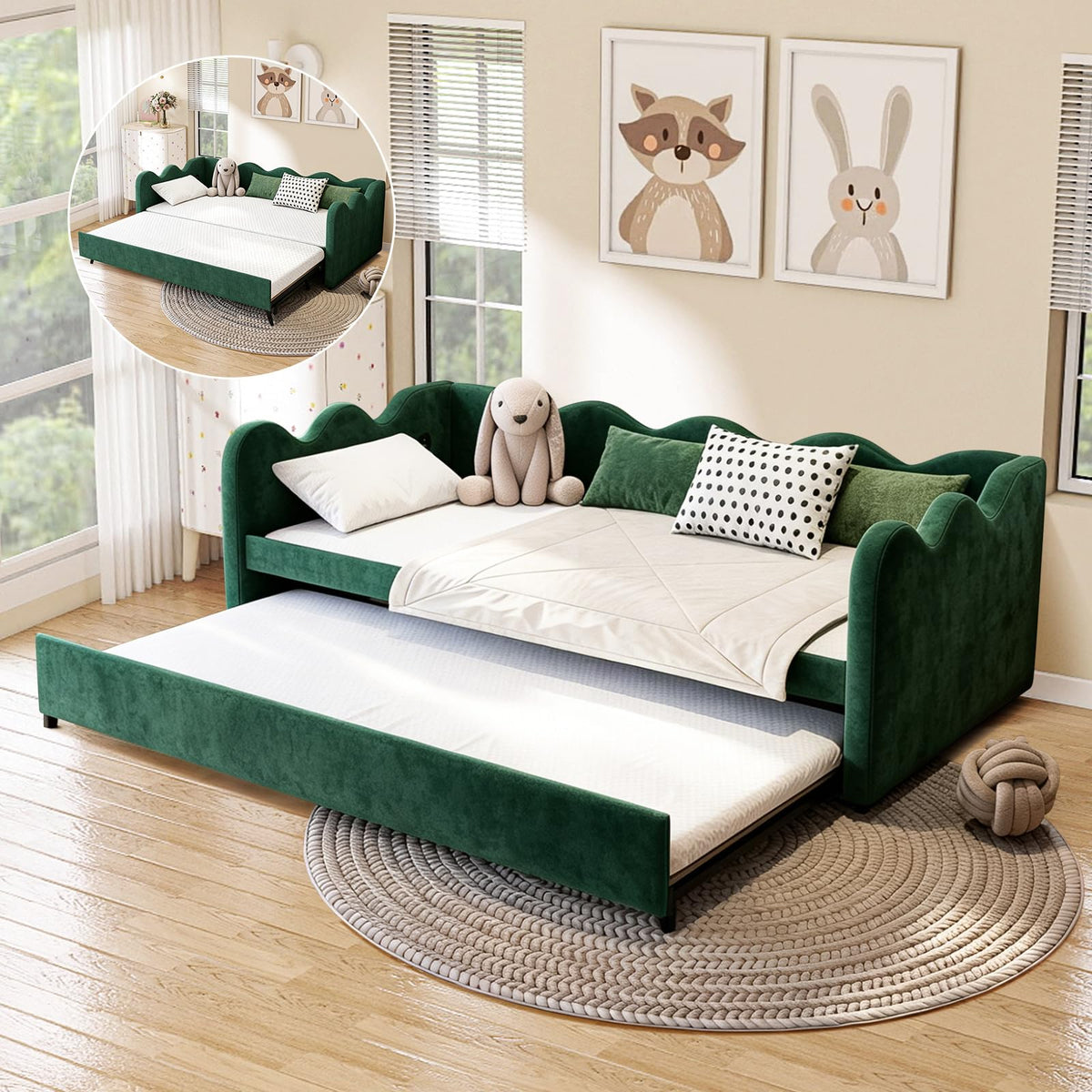 Twin Size Daybed with Pop Up Trundle, Linen Gingham Twin to King Daybed with USB Ports, Upholstered Day Bed Frame, Modern Sofa Bed for Living Room/Bedroom/Guest Room, No Box Spring Needed, Pink