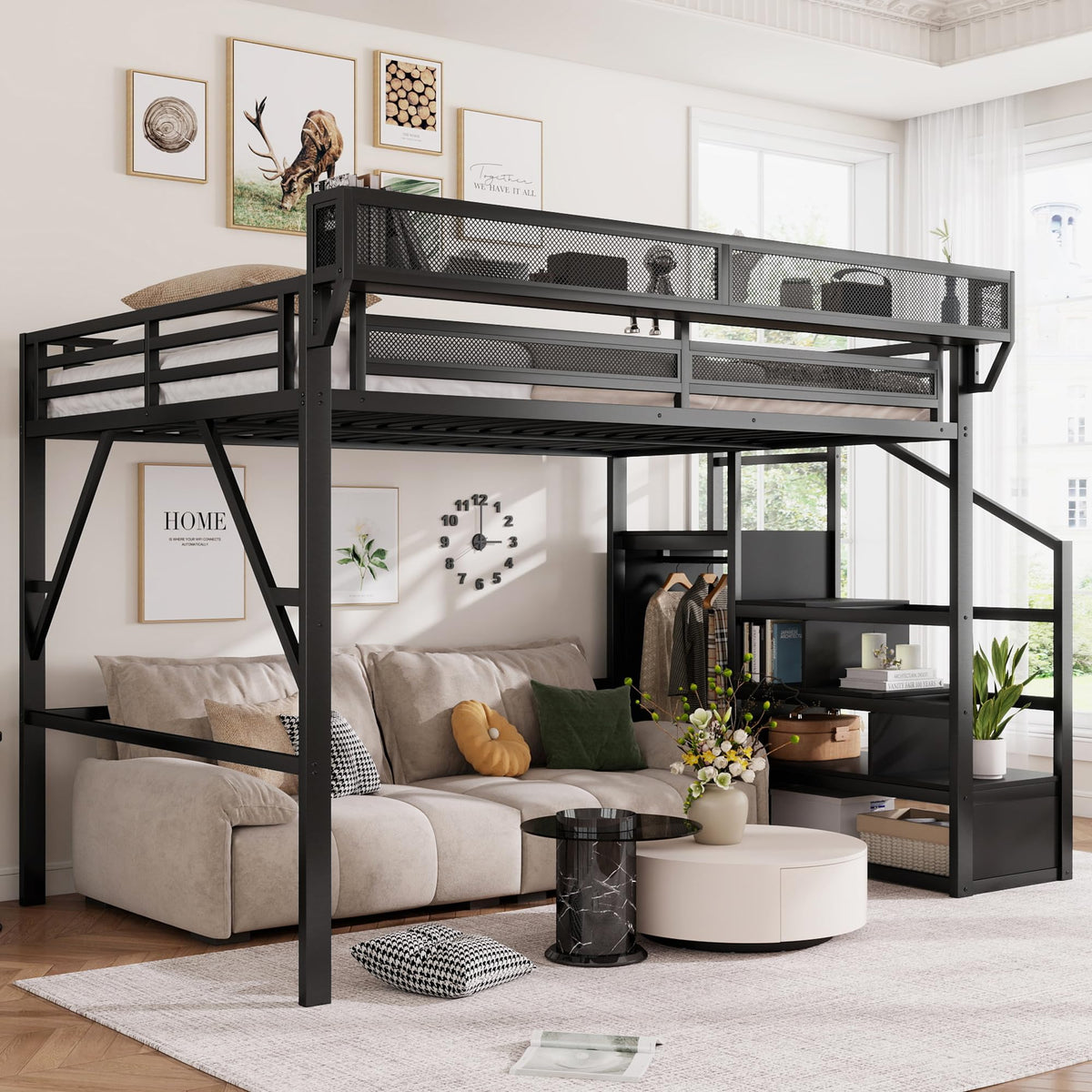 Mirightone Queen Size Loft Bed with Stairs and Storage, Metal Loft Bed Frame with Bedside Shelf and Large Under-Bed Space, Heavy-Duty Loft Beds for Adults Teens and Kids, Convertible Staircase, White
