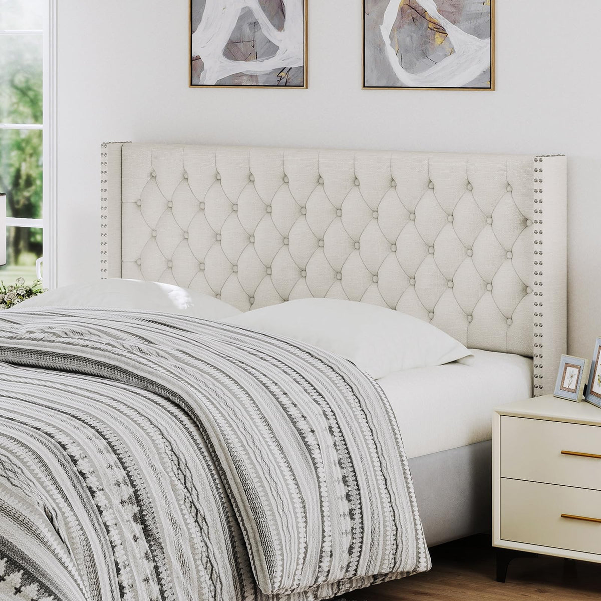 Furpopup Linen King Size Headboard Only, Wingback Wall Mount, Ivory