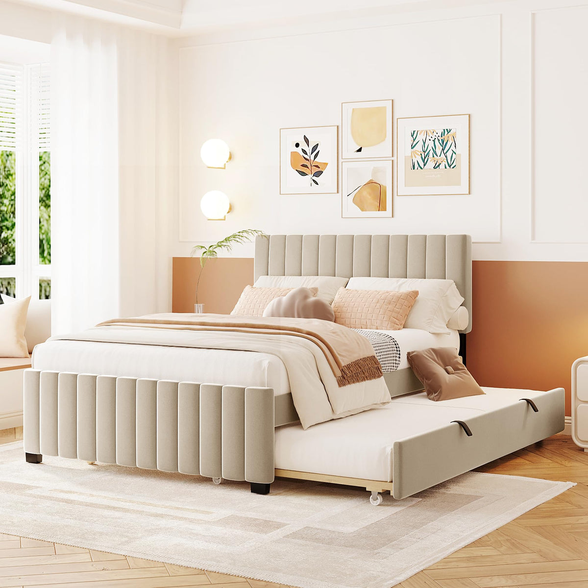 Merax Twin Size Velvet Upholstered Platform Bed, Wood Bed Frame with Twin Size Trundle, Beige