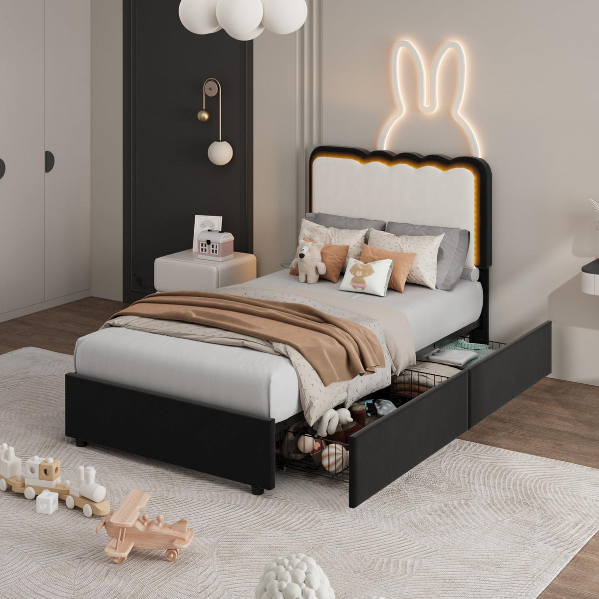 Garvee Irregular Wave LED 2-Drawer Soft Upholstered Bed, Soft Padding