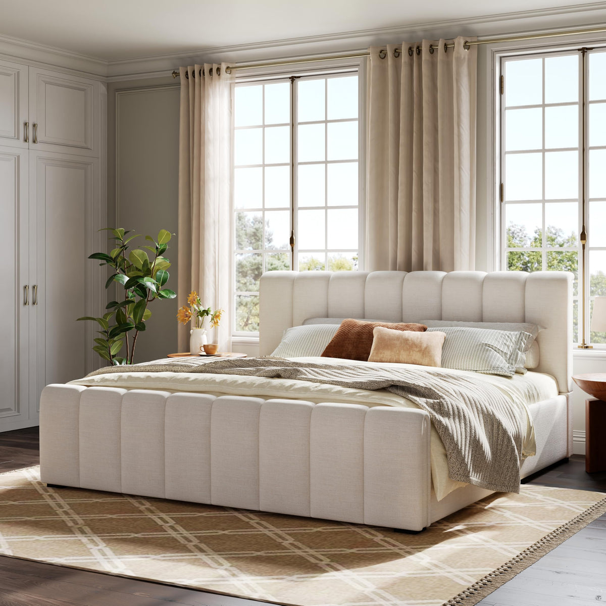 Merax King Upholstered Bed with Thick Headboard and Footboard, Beige