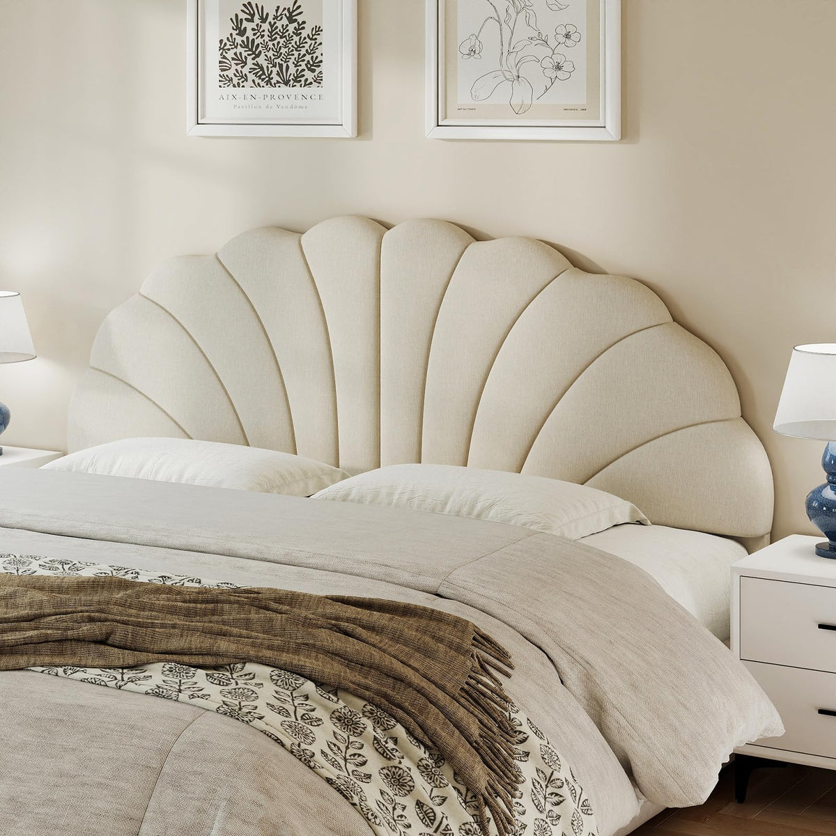 Befurtori Queen Size Headboard Only, Velvet Petal Wall Mounted, Cream