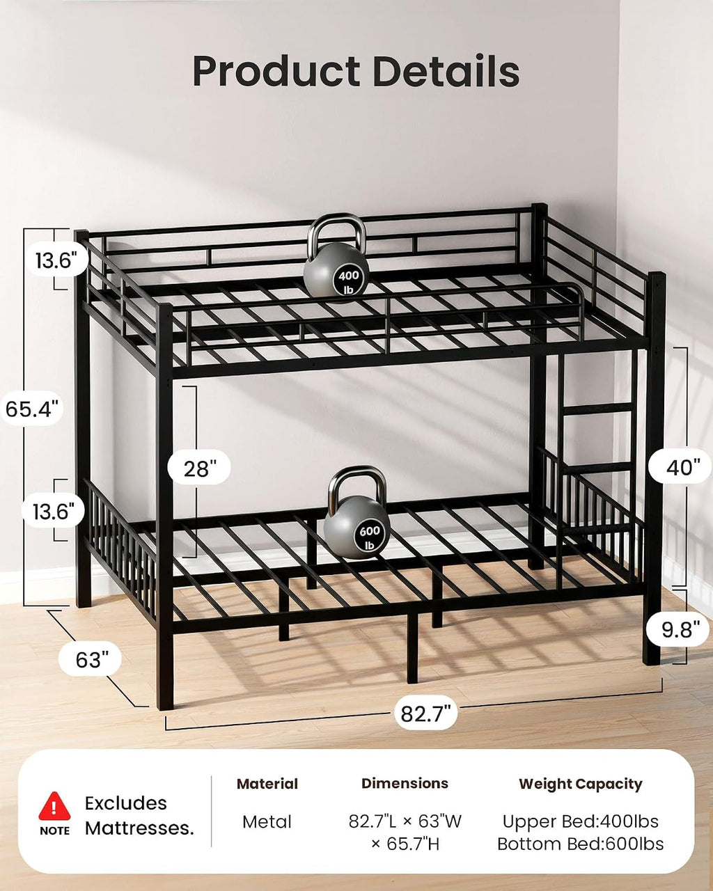 Queen over Queen Bunk Bed for Adults, Heavy Duty 600lbs Guardrails & Ladder