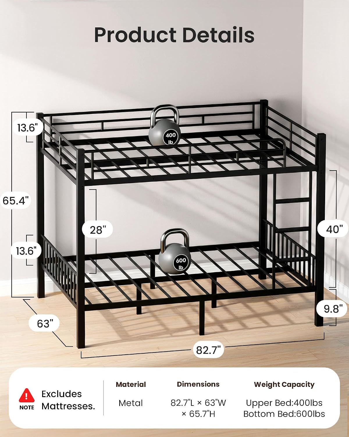 Queen over Queen Bunk Bed for Adults, Heavy Duty 600lbs Guardrails & Ladder