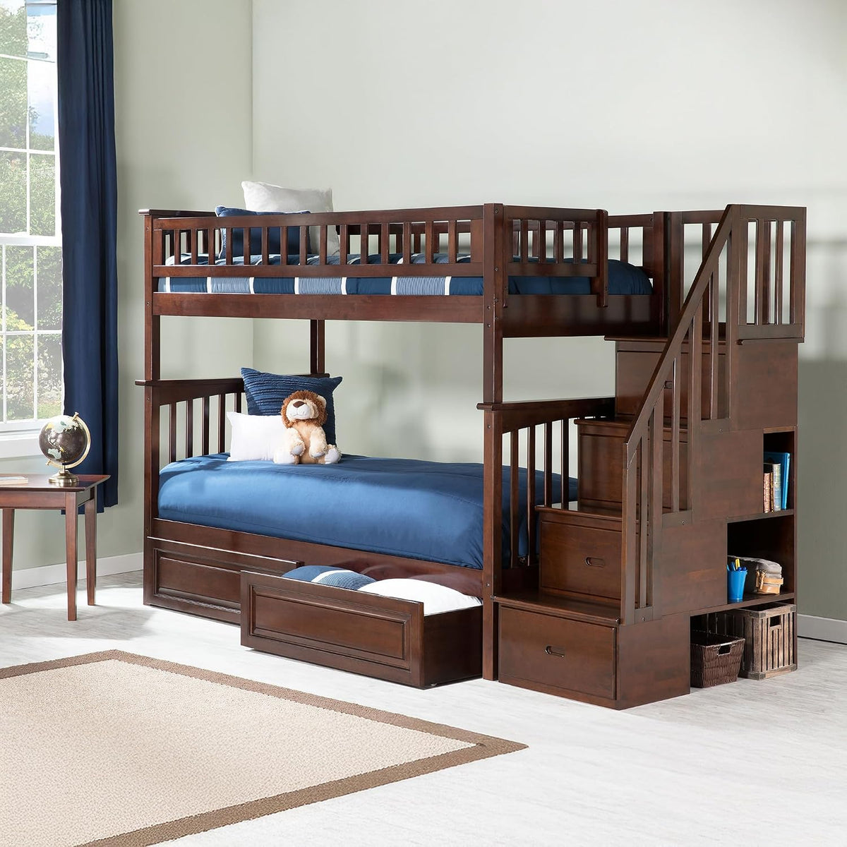 AFI, Columbia Staircase Bunk Bed Twin Over Twin & Raised Panel Bed Drawers, Walnut