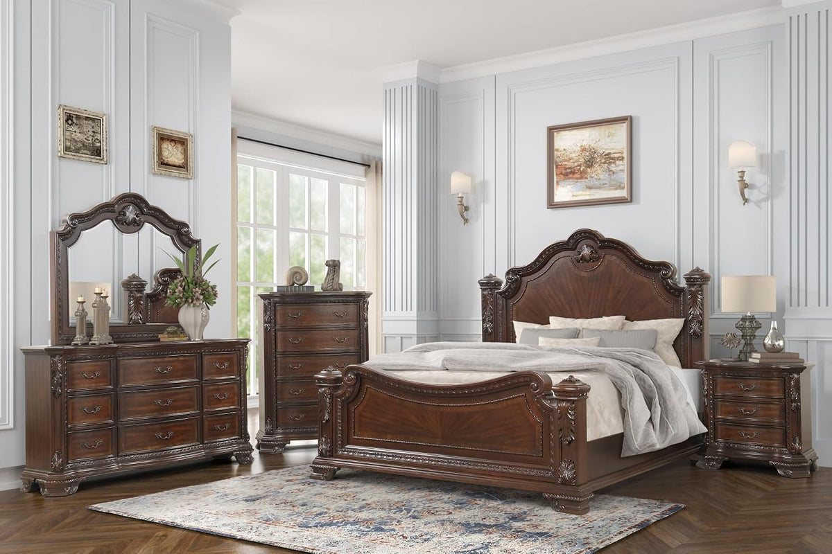 Traditional Queen Bed with Intricate Wood Carvings